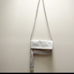 Halston Heritage Christie Foldover Platinum Suede Crossbody NWT